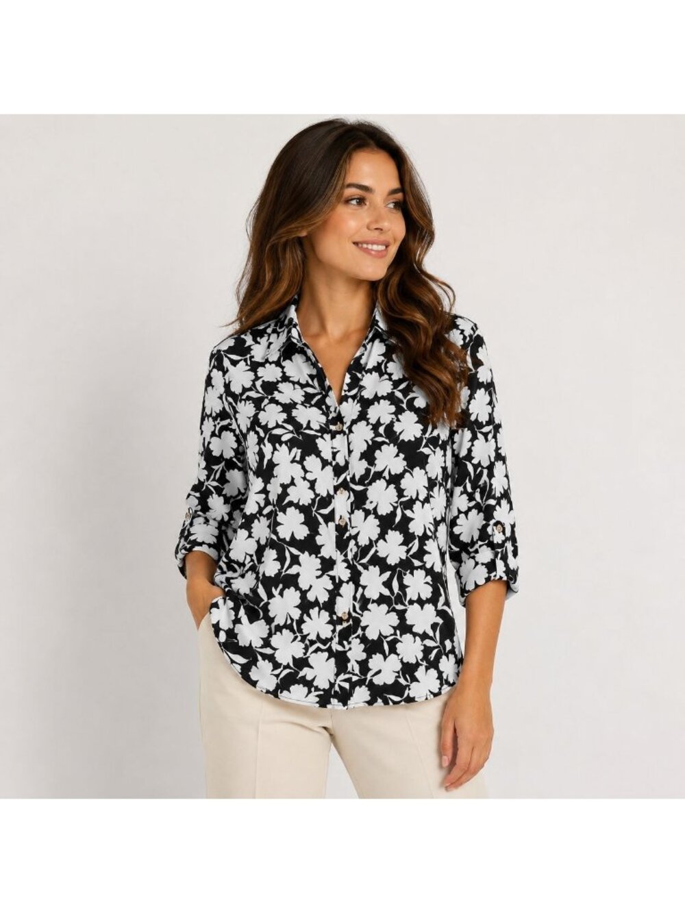Michael Kors Women Roll Tab Sleeve Button Down Blouse Size M